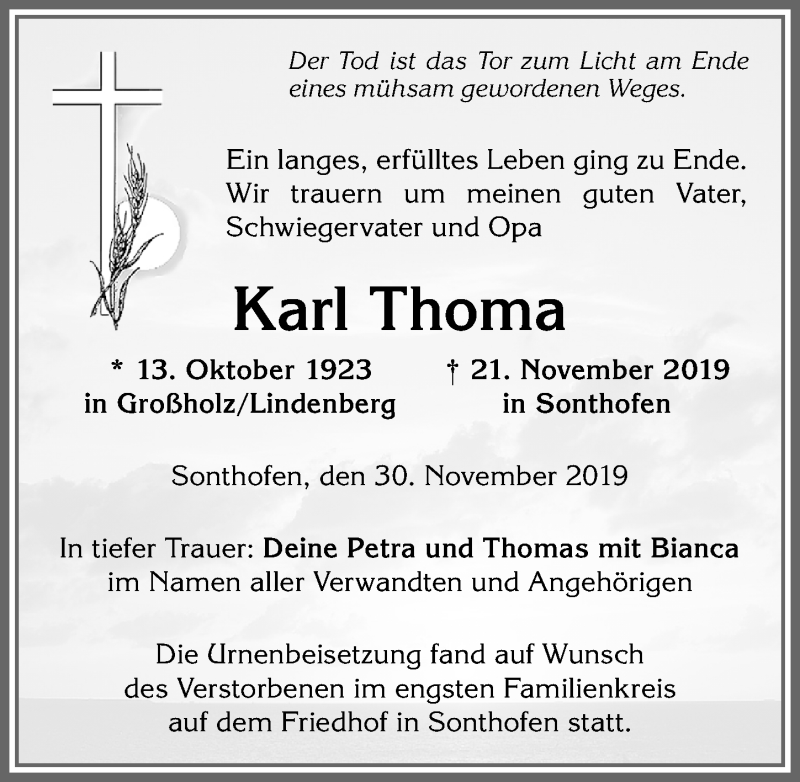 Traueranzeige von Karl Thoma von Allgäuer Anzeigeblatt