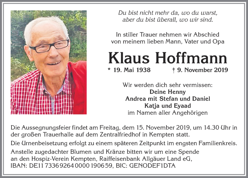 Traueranzeige von Klaus Hoffmann von Allgäuer Zeitung,Kempten