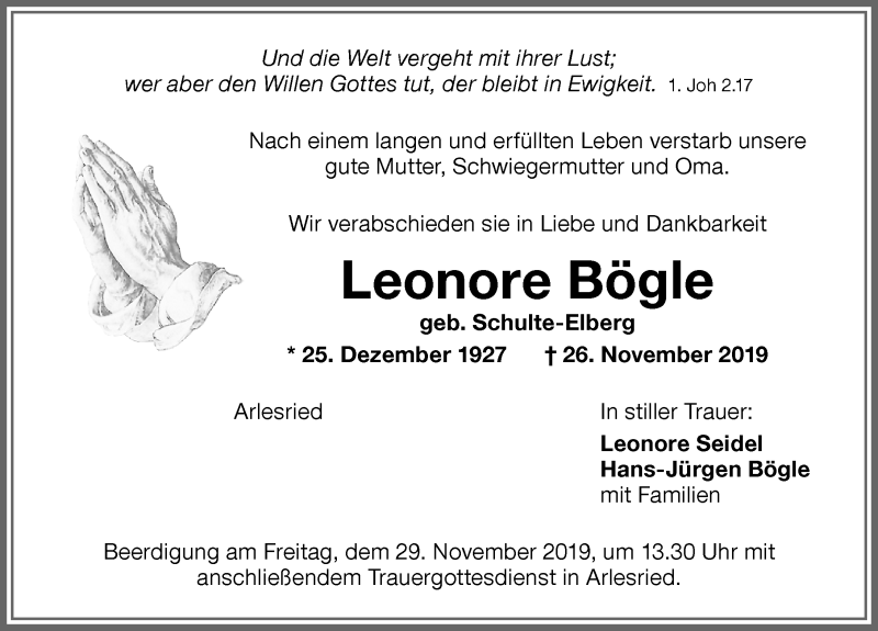 Traueranzeige von Leonore Bögle von Memminger Zeitung