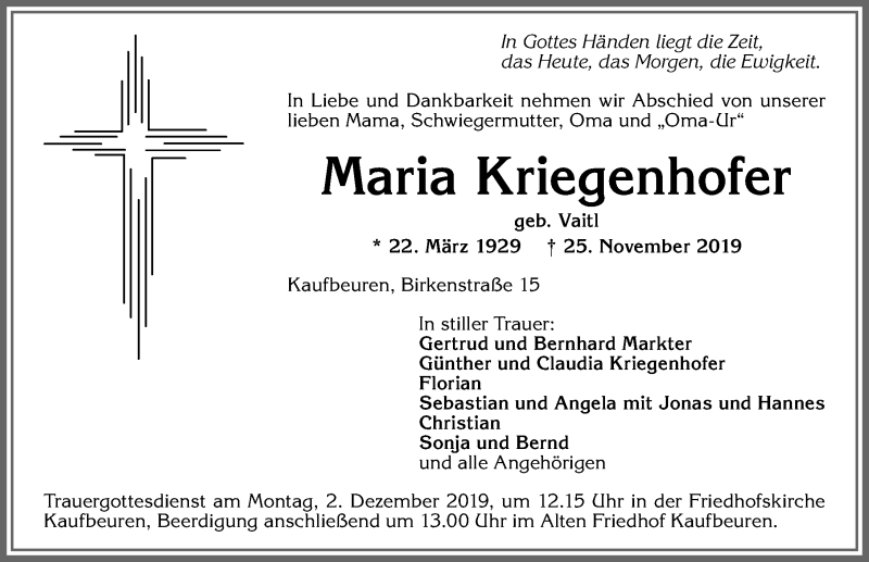 Traueranzeige von Maria Kriegenhofer von Allgäuer Zeitung, Kaufbeuren/Buchloe