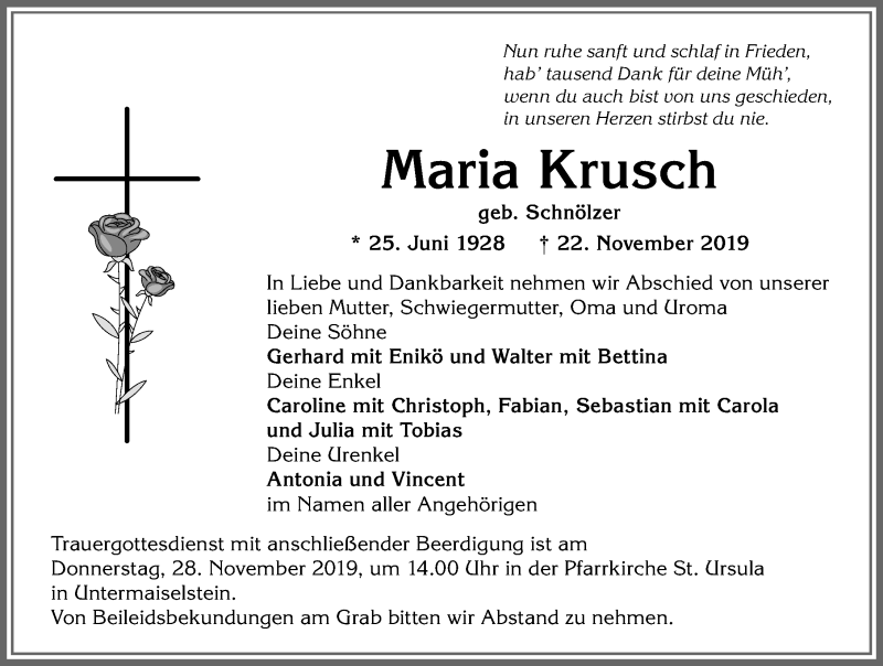 Traueranzeige von Maria Krusch von Allgäuer Anzeigeblatt