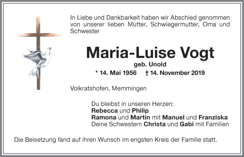 Traueranzeige von Maria-Luise Vogt von Memminger Zeitung