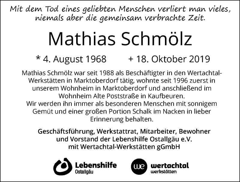 Traueranzeige von Mathias Schmölz von Allgäuer Zeitung