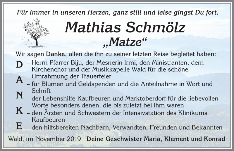 Traueranzeige von Mathias Schmölz von Allgäuer Zeitung, Marktoberdorf