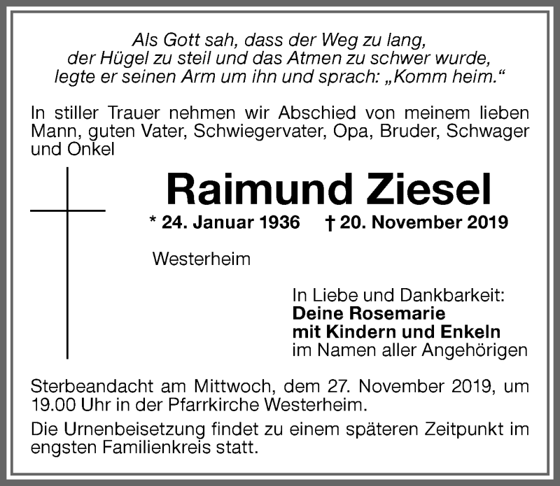 Traueranzeige von Raimund Ziesel von Memminger Zeitung