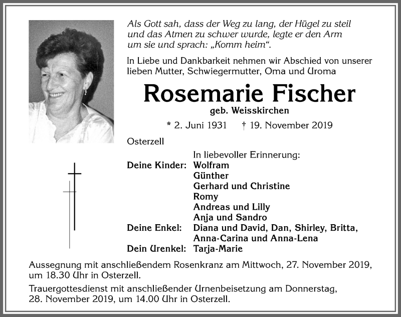 Traueranzeige von Rosemarie Fischer von Allgäuer Zeitung, Kaufbeuren/Buchloe