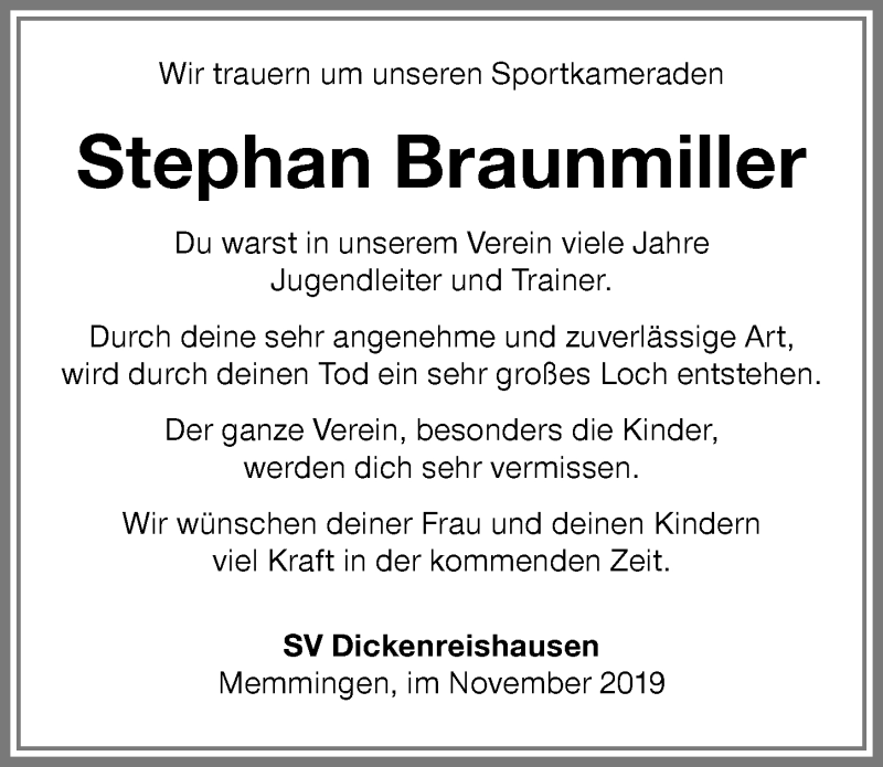 Traueranzeige von Stephan Braunmiller von Memminger Zeitung