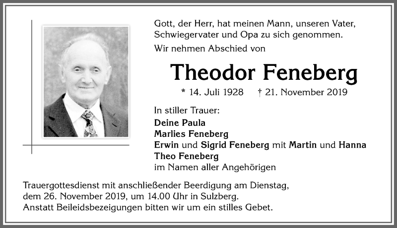 Traueranzeige von Theodor Feneberg von Allgäuer Zeitung,Kempten