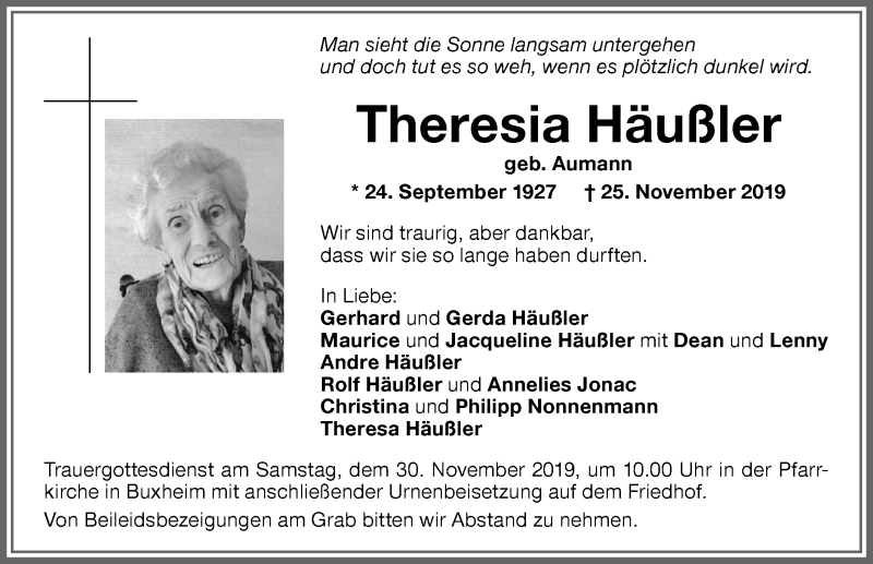 Traueranzeige von Theresia Häußler von Memminger Zeitung