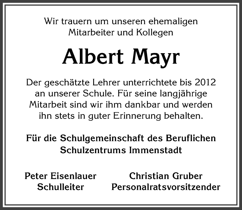 Traueranzeige von Albert Mayr von Allgäuer Anzeigeblatt