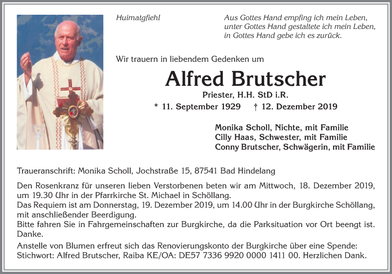 Traueranzeige von Alfred Brutscher von Allgäuer Anzeigeblatt