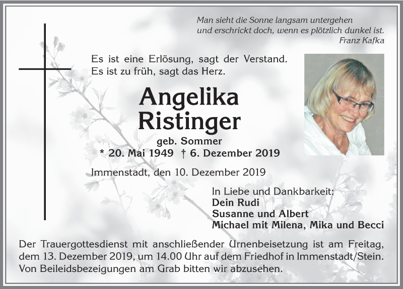 Traueranzeige von Angelika Ristinger von Allgäuer Anzeigeblatt