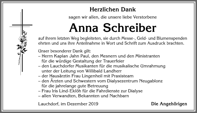 Traueranzeige von Anna Schreiber von Allgäuer Zeitung, Kaufbeuren/Buchloe