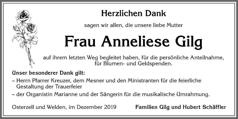 Traueranzeige von Anneliese Gilg von Allgäuer Zeitung, Kaufbeuren/Buchloe
