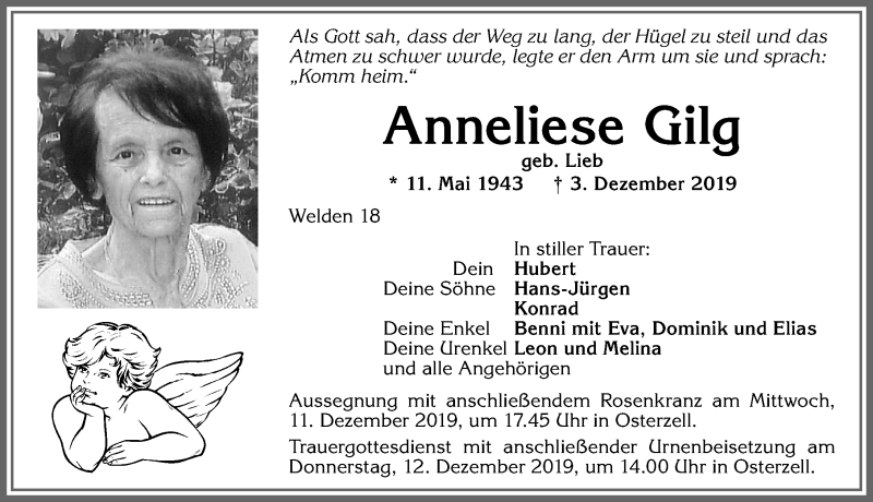 Traueranzeige von Anneliese Gilg von Allgäuer Zeitung, Kaufbeuren/Buchloe