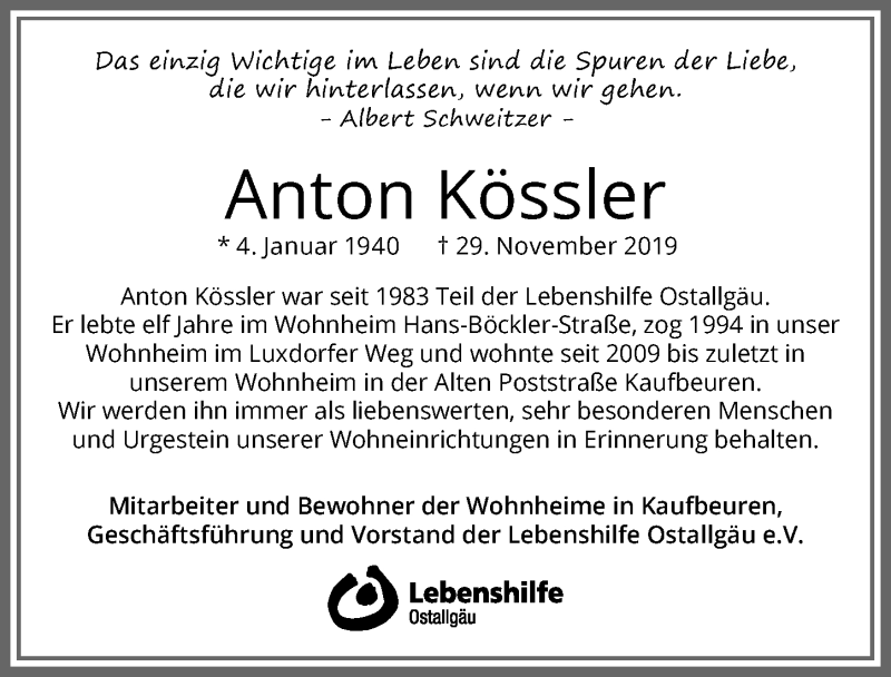 Traueranzeige von Anton Kössler von Allgäuer Zeitung, Kaufbeuren/Buchloe