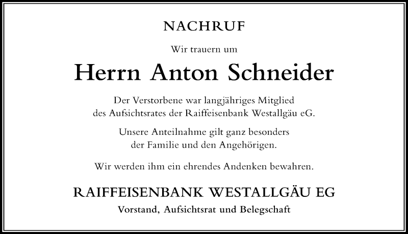 Traueranzeige von Anton Schneider von Der Westallgäuer