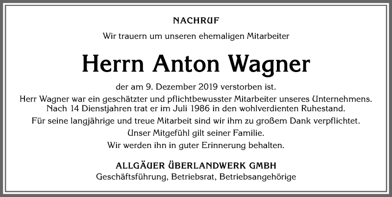 Traueranzeige von Anton Wagner von Allgäuer Zeitung,Kempten