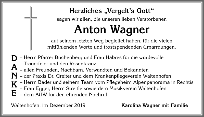 Traueranzeige von Anton Wagner von Allgäuer Zeitung,Kempten