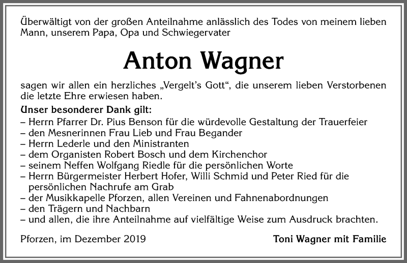 Traueranzeige von Anton Wagner von Allgäuer Zeitung, Kaufbeuren/Buchloe