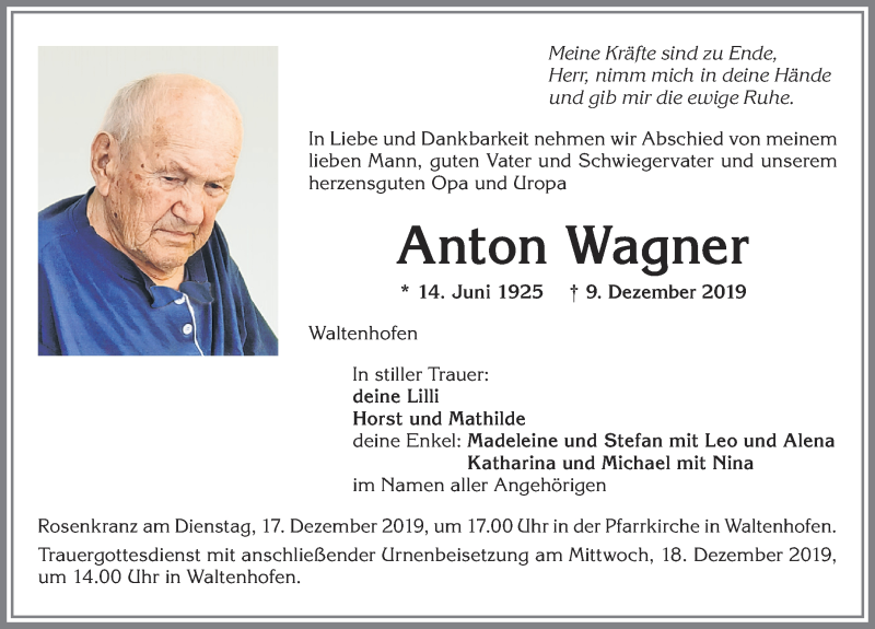 Traueranzeige von Anton Wagner von Allgäuer Zeitung,Kempten