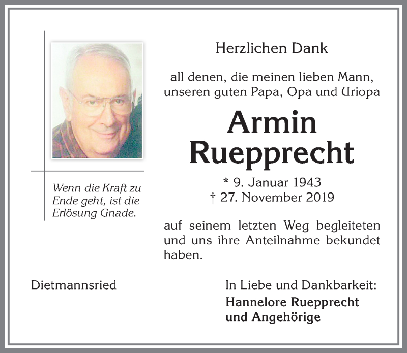 Traueranzeige von Armin Ruepprecht von Allgäuer Zeitung,Kempten