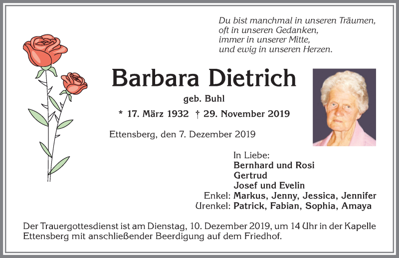 Traueranzeige von Barbara Dietrich von Allgäuer Anzeigeblatt