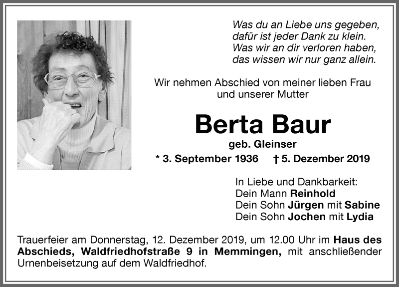 Traueranzeige von Berta Baur von Memminger Zeitung