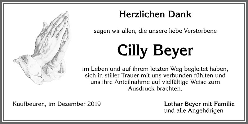 Traueranzeige von Cilly Beyer von Allgäuer Zeitung, Kaufbeuren/Buchloe