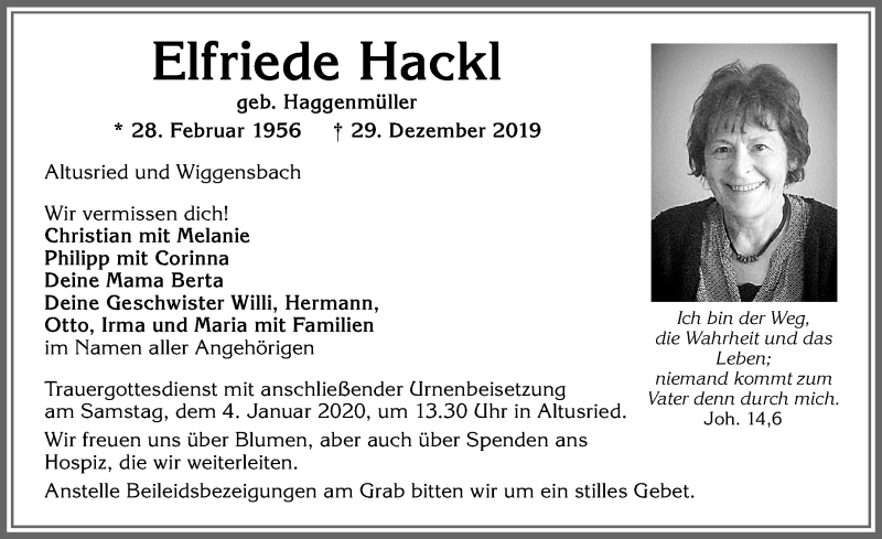 Traueranzeige von Elfriede Hackl von Allgäuer Zeitung,Kempten