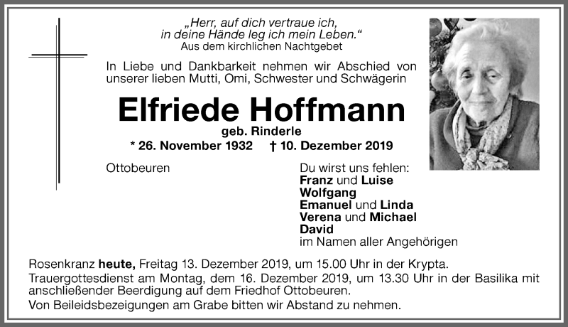 Traueranzeige von Elfriede Hoffmann von Memminger Zeitung
