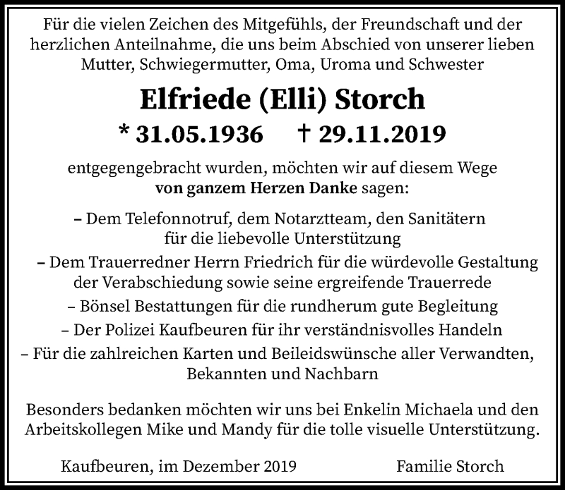 Traueranzeige von Elfriede Storch von Allgäuer Zeitung, Kaufbeuren/Buchloe