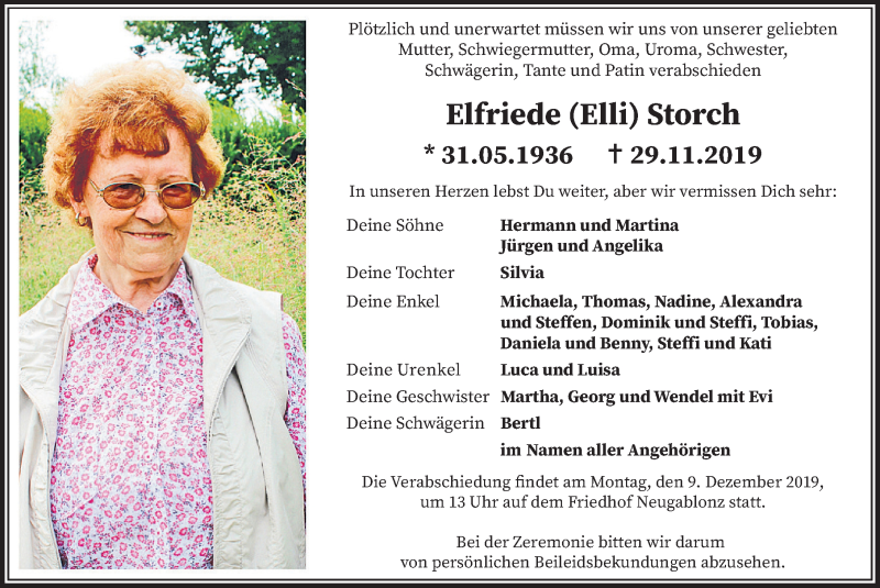 Traueranzeige von Elfriede Elli Storch von Allgäuer Zeitung, Kaufbeuren/Buchloe