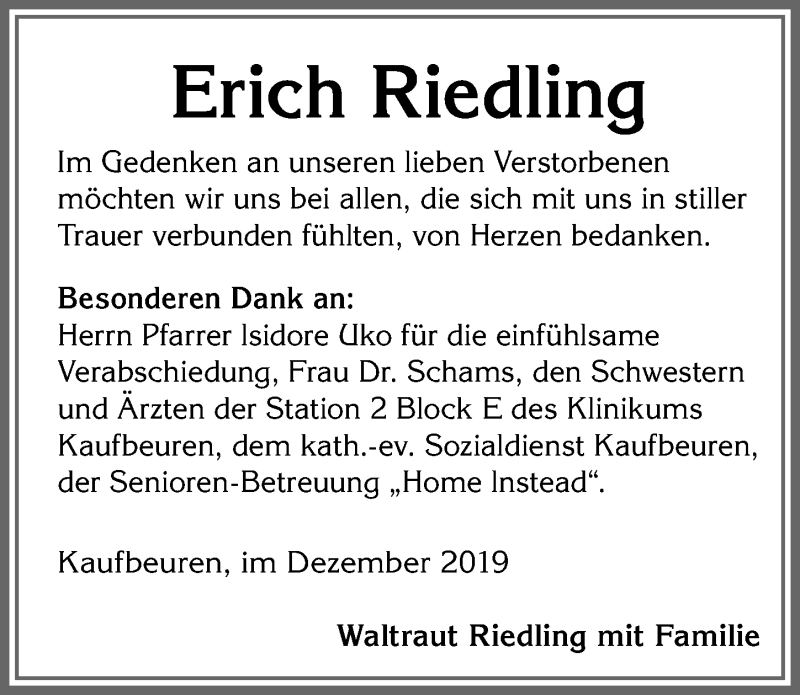 Traueranzeige von Erich Riedling von Allgäuer Zeitung, Kaufbeuren/Buchloe