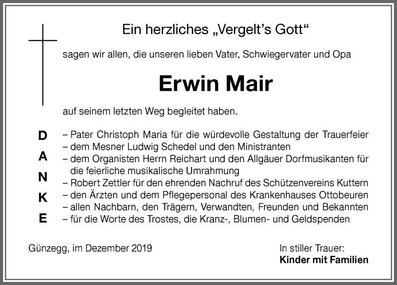 Traueranzeige von Erwin Mair von Memminger Zeitung