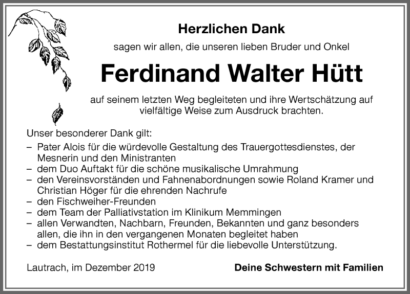 Traueranzeige von Ferdinand Walter Hütt von Memminger Zeitung