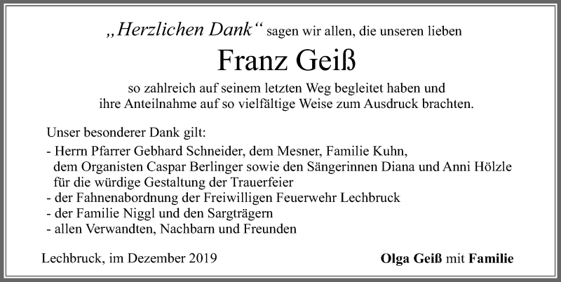 Traueranzeige von Franz Geiß von Allgäuer Zeitung, Füssen