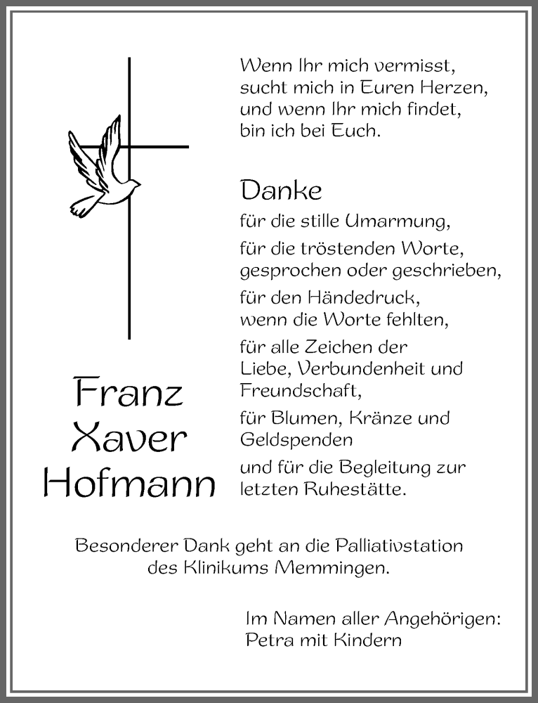 Traueranzeige von Franz Xaver Hofmann von Memminger Zeitung