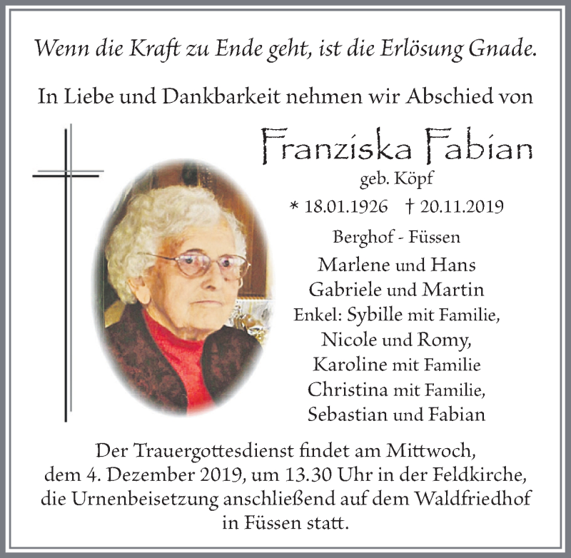Traueranzeige von Franziska Fabian von Allgäuer Zeitung, Füssen