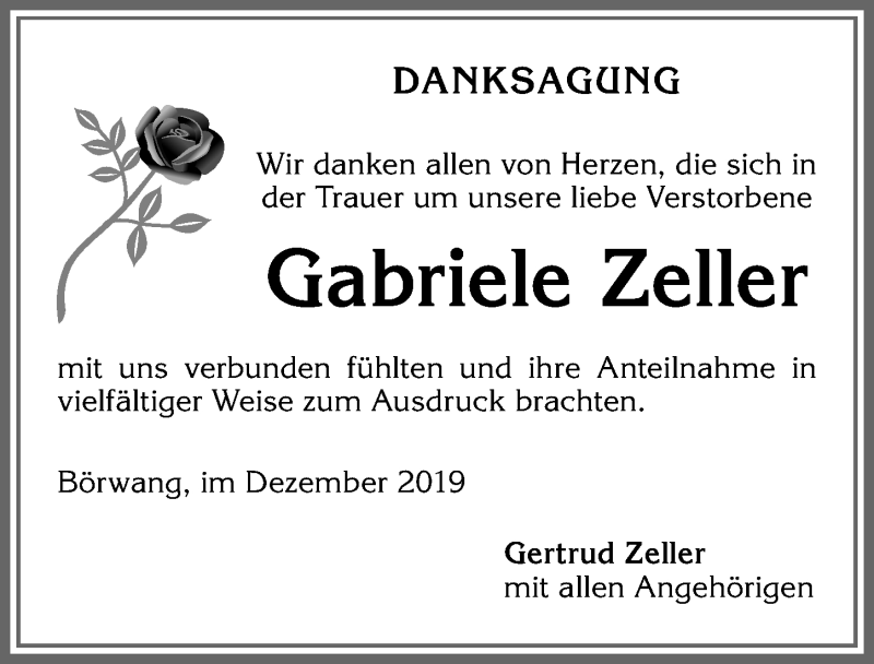 Traueranzeige von Gabriele Zeller von Allgäuer Zeitung,Kempten
