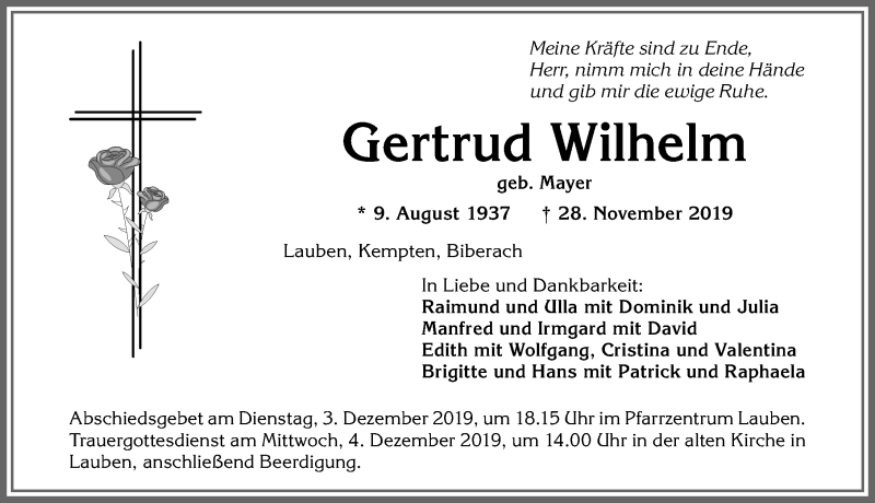Traueranzeige von Gertrud Wilhelm von Allgäuer Zeitung,Kempten