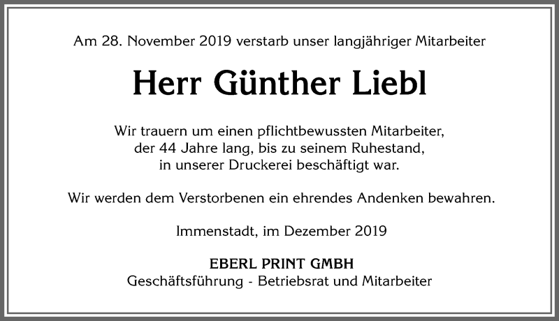 Traueranzeige von Günther Liebl von Allgäuer Anzeigeblatt