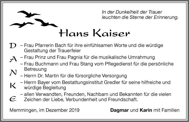 Traueranzeige von Hans Kaiser von Allgäuer Zeitung