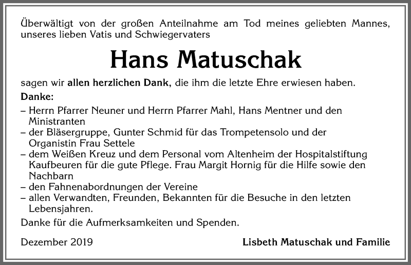 Traueranzeige von Hans Matuschak von Allgäuer Zeitung, Kaufbeuren/Buchloe