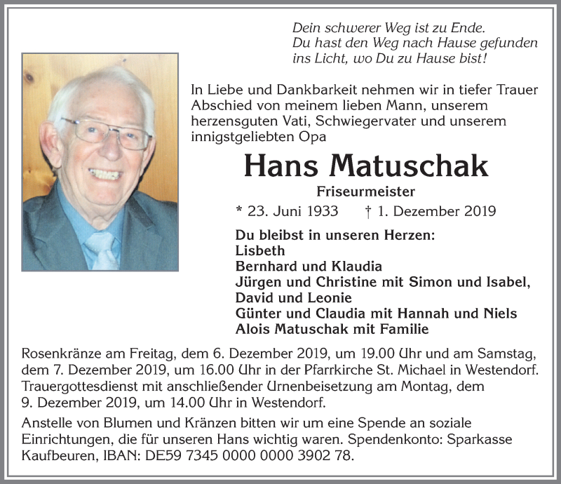 Traueranzeige von Hans Matuschak von Allgäuer Zeitung, Kaufbeuren/Buchloe