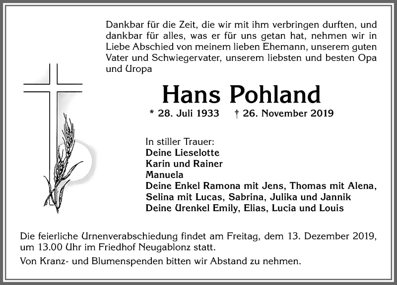Traueranzeige von Hans Pohland von Allgäuer Zeitung, Kaufbeuren/Buchloe