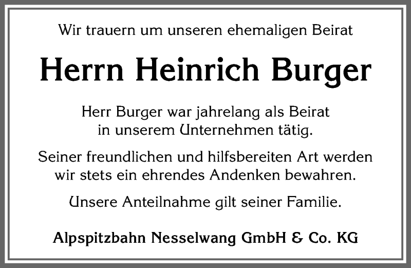 Traueranzeige von Heinrich Burger von Allgäuer Zeitung, Füssen