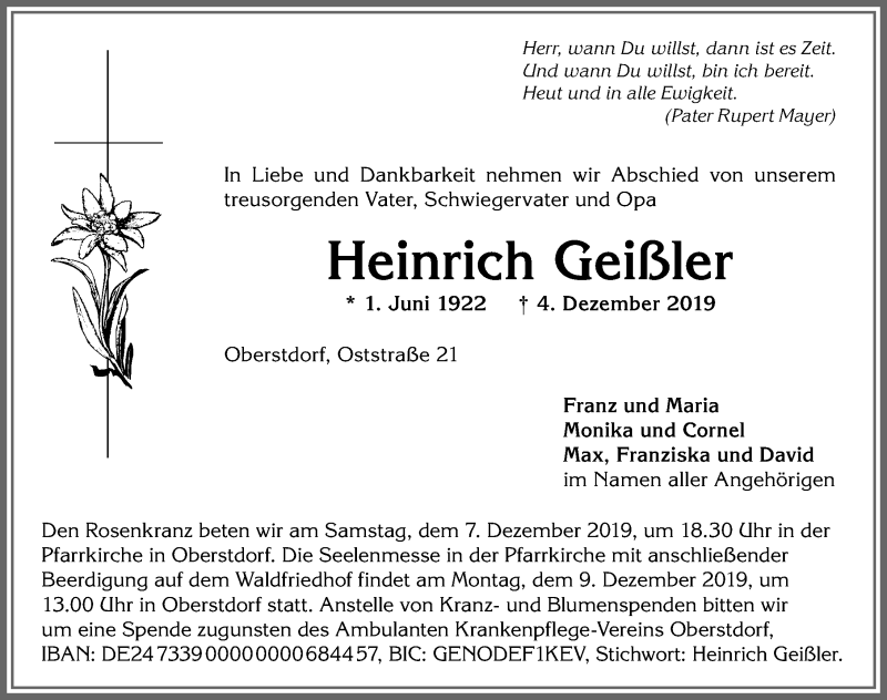 Traueranzeige von Heinrich Geißler von Allgäuer Anzeigeblatt