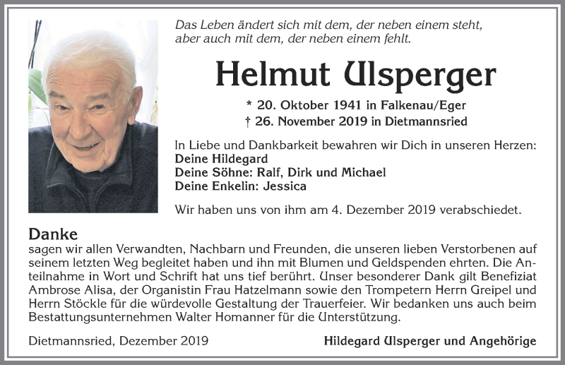 Traueranzeige von Helmut Ulsperger von Allgäuer Zeitung,Kempten