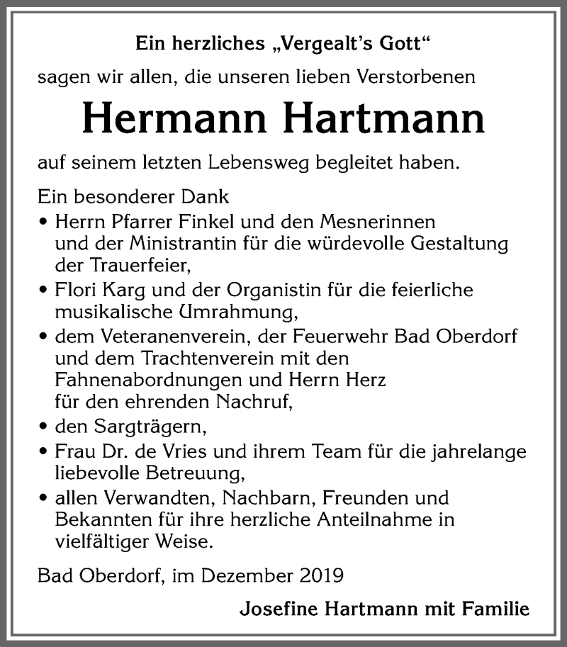 Traueranzeige von Hermann Hartmann von Allgäuer Anzeigeblatt